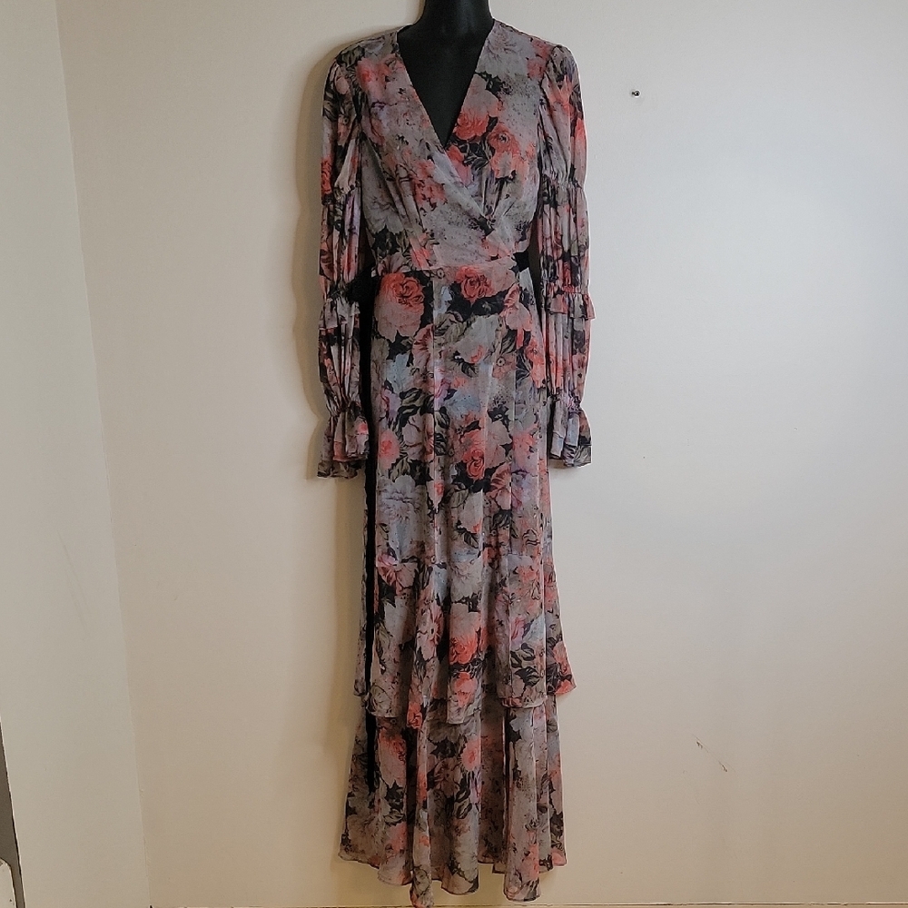 Hutch Pink And Gray Wrap Gown With Bishop Sleeves Anthropoligie Xs